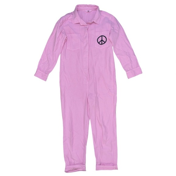 Ascot & Hart pink ribbed embroidered peace sign snap button jumpsuit size small - Picture 1 of 10